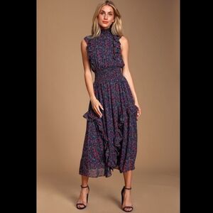 Midi Dress Lulus Floral Ruffle Mock Neck Size Medium